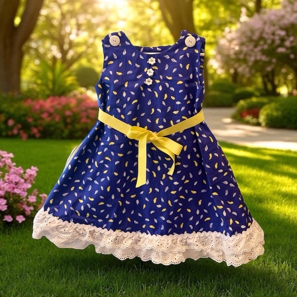 Handmade 4T Blue Dress with Yellow Accents & Eyelet Lace Trim - Picture 3 of 5